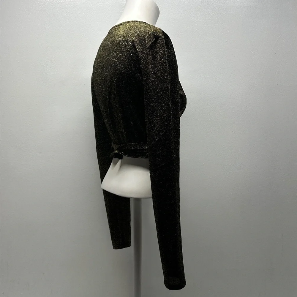 Reformation Jupiter Metallic Crop Top Long Sleeve Tie Blouse Black Gold Large